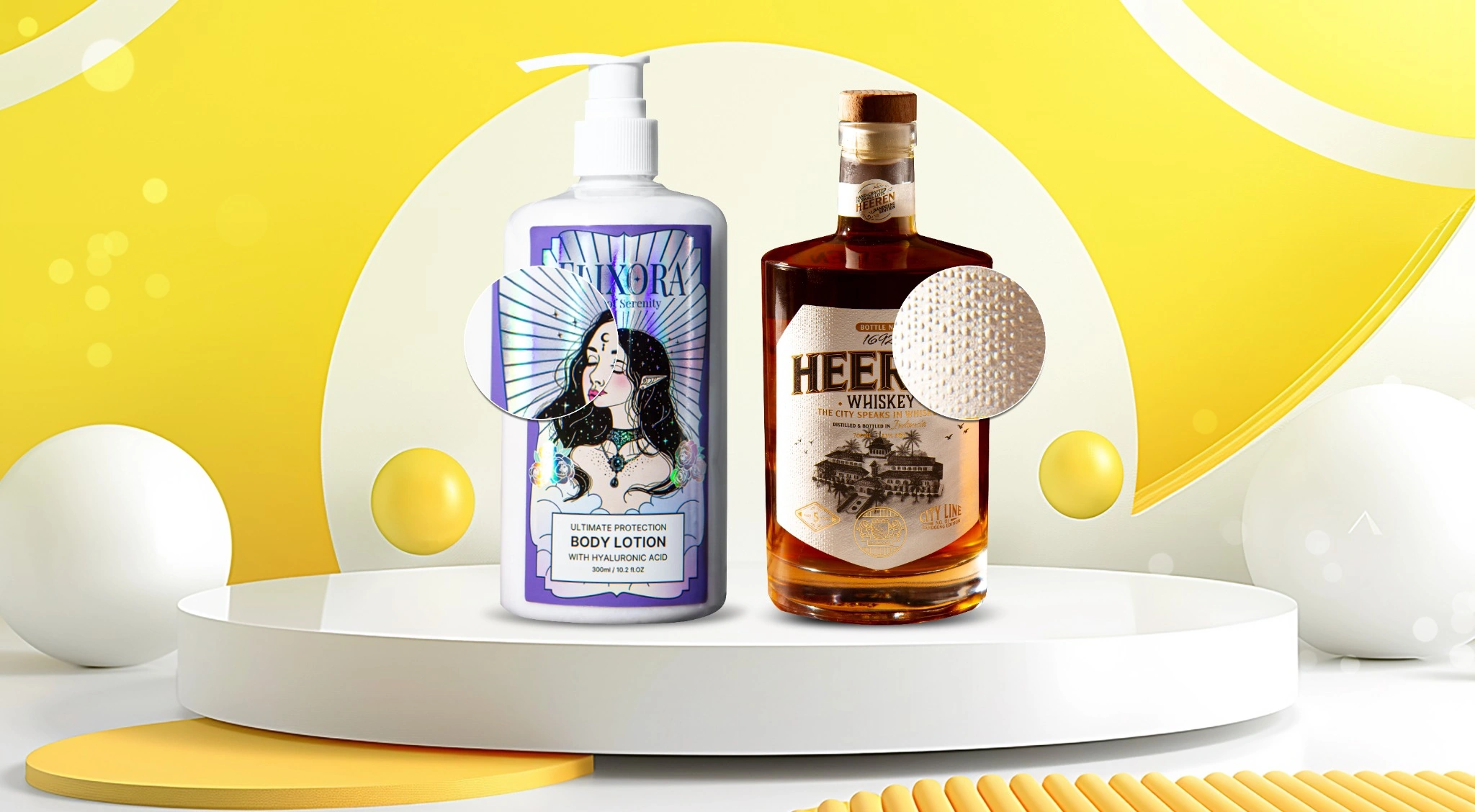 COVER – Theia Digilab Two cosmetic bottles displayed on a white pedestal: a purple-labeled body lotion with pump on the left and a brown whiskey bottle on the right against a bright yellow backdrop with abstract shapes (overlays partially covering the bottles).