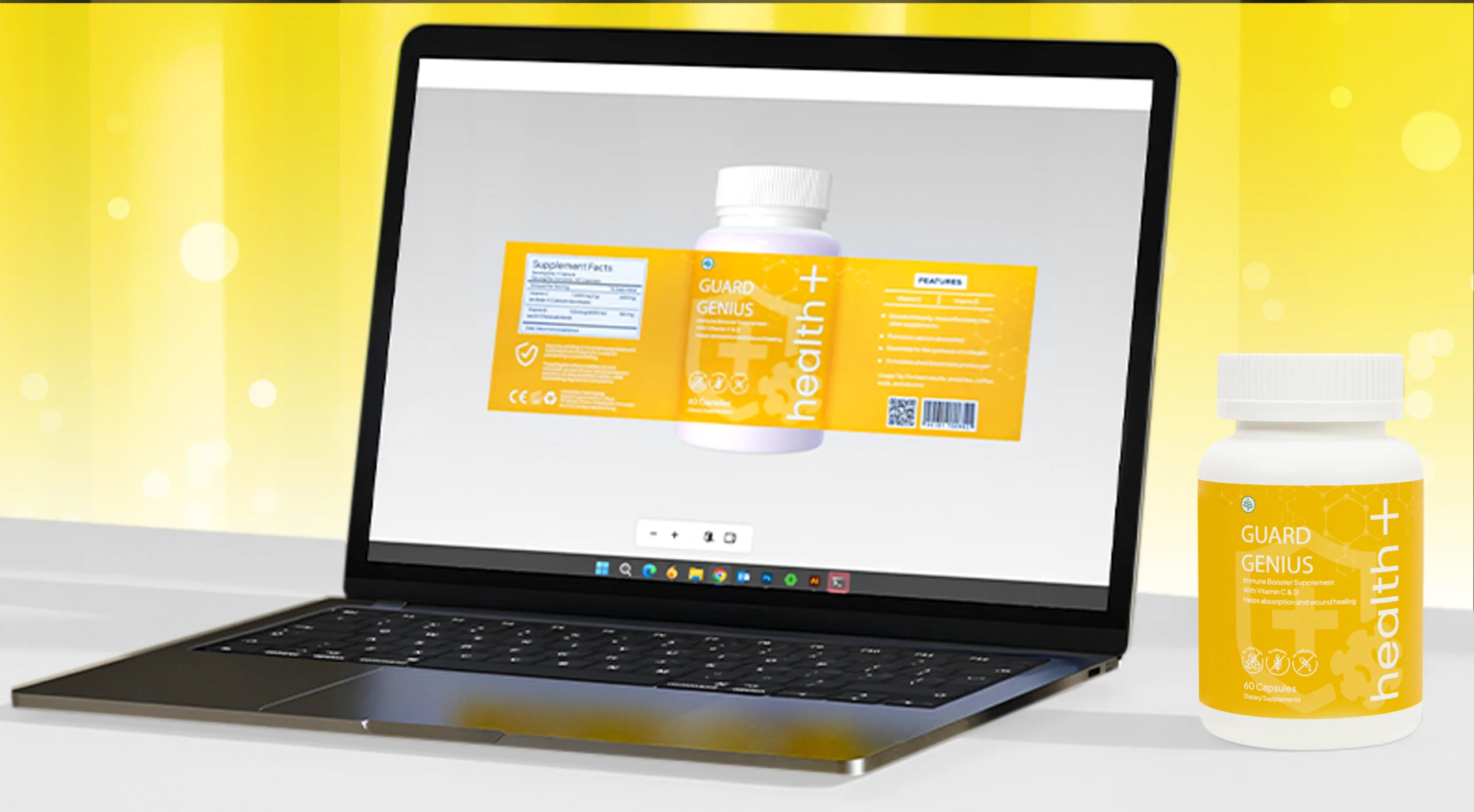 Why Mock-Up Samples COVER – Theia Digilab Laptop screen shows an orange health supplement box and a white bottle, with a yellow background and a taller yellow bottle nearby.